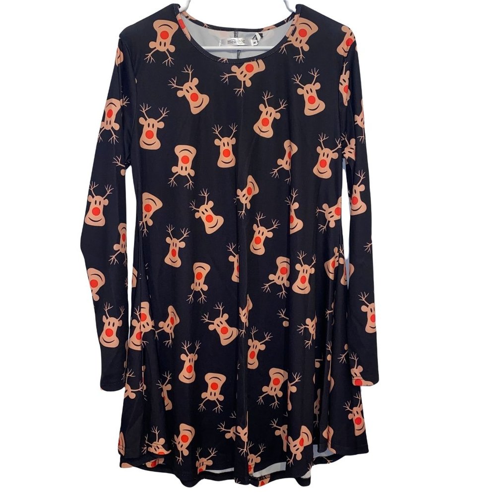 Meaneor Christmas Rudolph Reindeer Long Sleeve Tunic Dress Black Brown Med Women